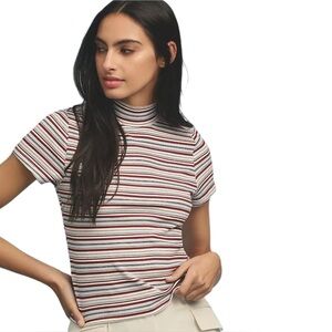 Anthropologie Maeve Blair Baby Mock Neck Tee Multicolor Striped Short Sleeve Top
